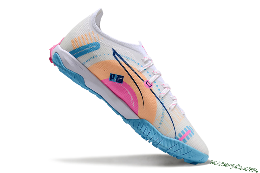 Puma Ultra 5 Ultimate TF Low-Tops Football Shoes - White/Blue/Pink/Yellow 4