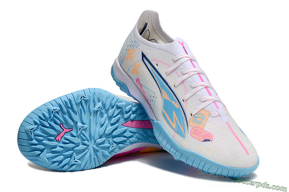 Puma Ultra 5 Ultimate TF Low-Tops Football Shoes - White/Blue/Pink/Yellow 3