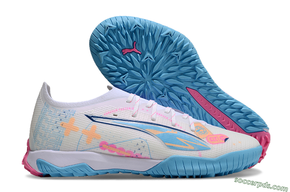 Puma Ultra 5 Ultimate TF Low-Tops Football Shoes - White/Blue/Pink/Yellow 1