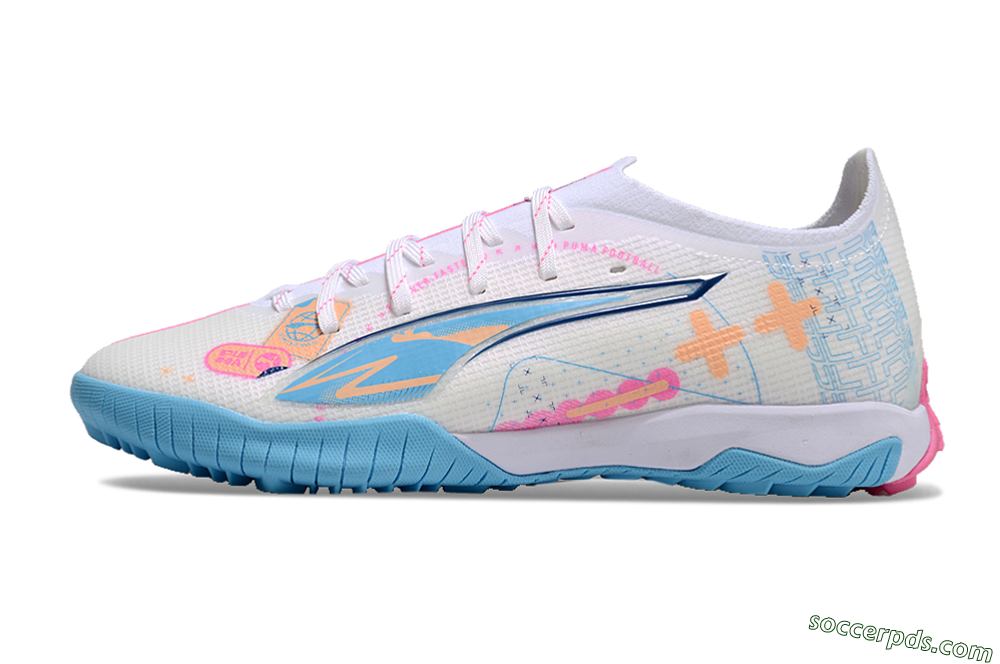 Puma Ultra 5 Ultimate TF Low-Tops Football Shoes - White/Blue/Pink/Yellow 2