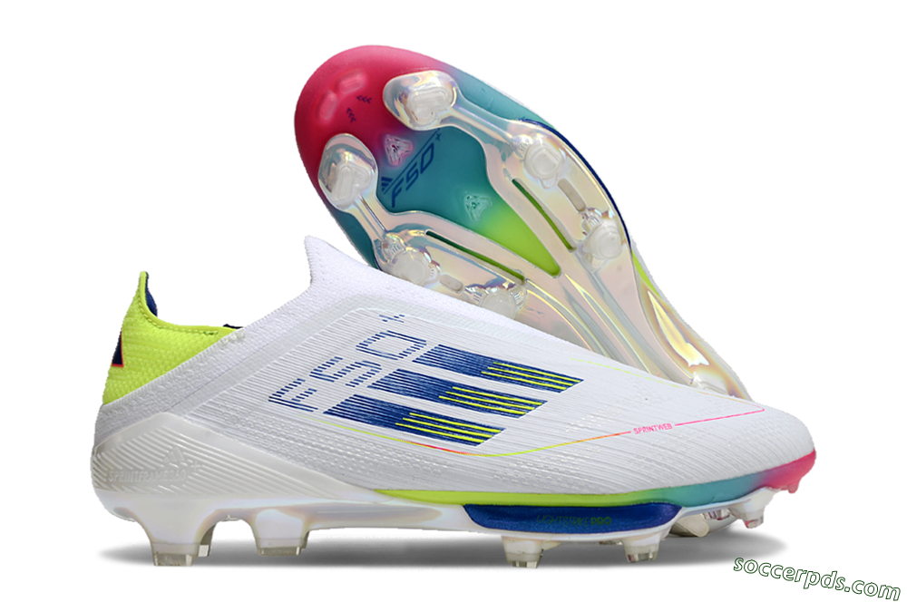 Adidas F50+ Lightstrike Pro Laceless FG Low-Tops Football Boots - White/Blue/Yellow/Pink 1