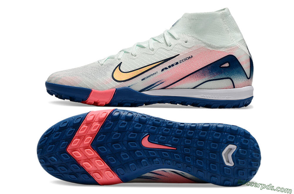 Nike Air Zoom Mercurial Superfly 10 Elite TF High-Tops Football Shoes - White/Pink/Blue 7