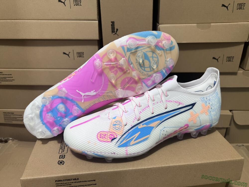 Puma Ultra 5 Ultimate FG Low-Tops Football Boots - White/Pink/Yellow/Blue