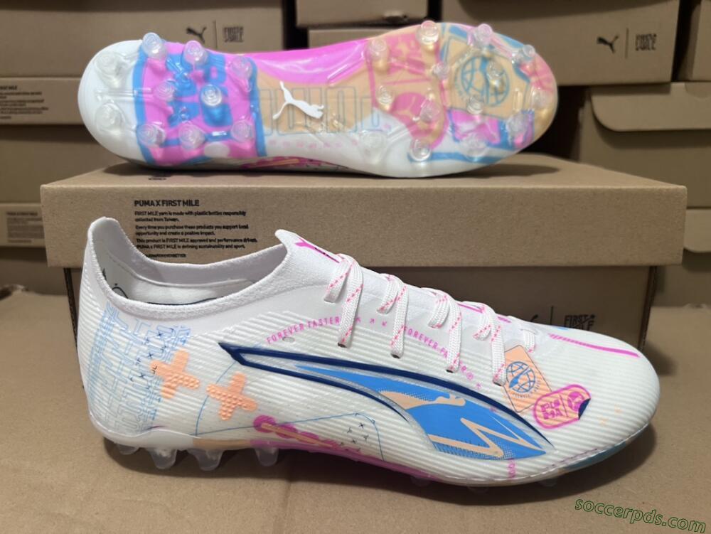 Puma Ultra 5 Ultimate FG Low-Tops Football Boots - White/Pink/Yellow/Blue