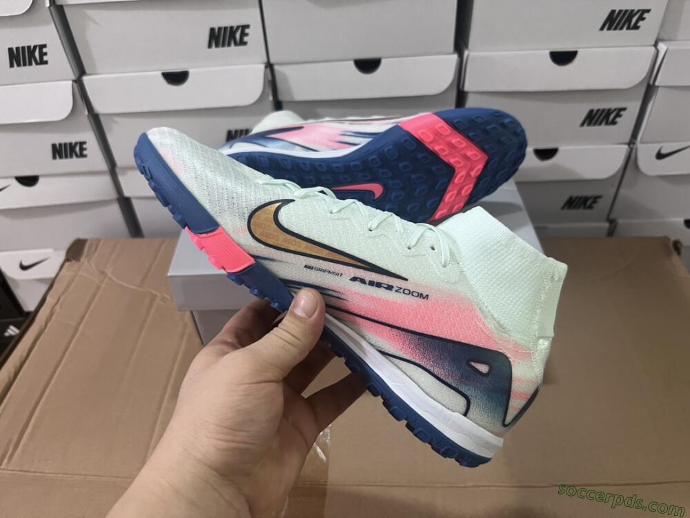 Nike Air Zoom Mercurial Superfly 10 Elite TF High-Tops Football Shoes - White/Pink/Blue