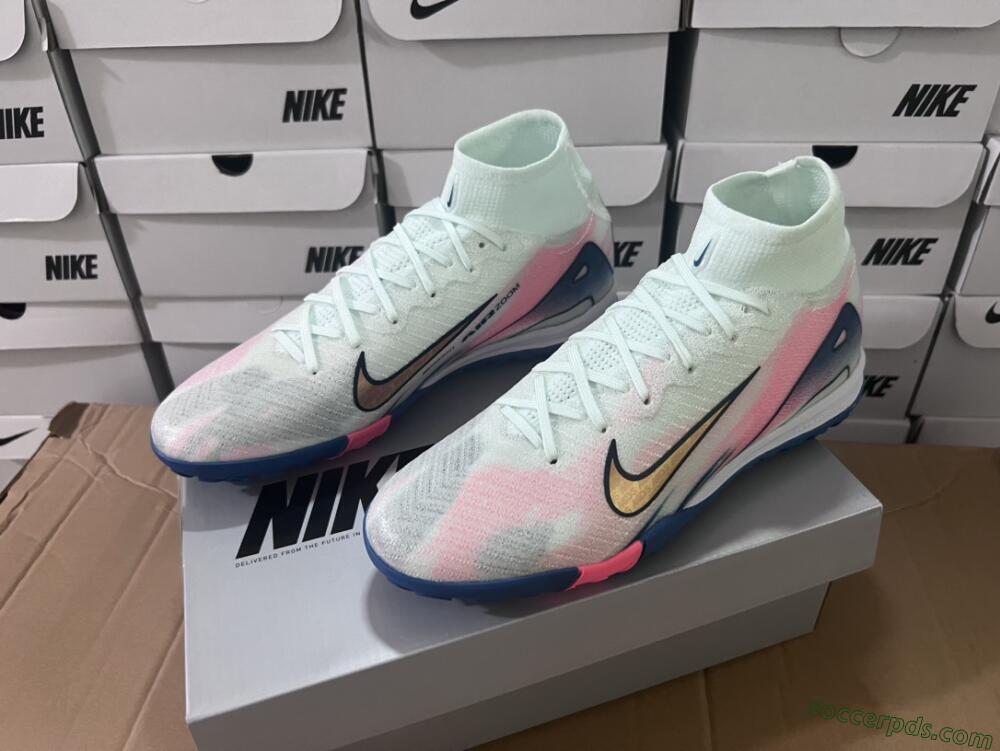 Nike Air Zoom Mercurial Superfly 10 Elite TF High-Tops Football Shoes - White/Pink/Blue