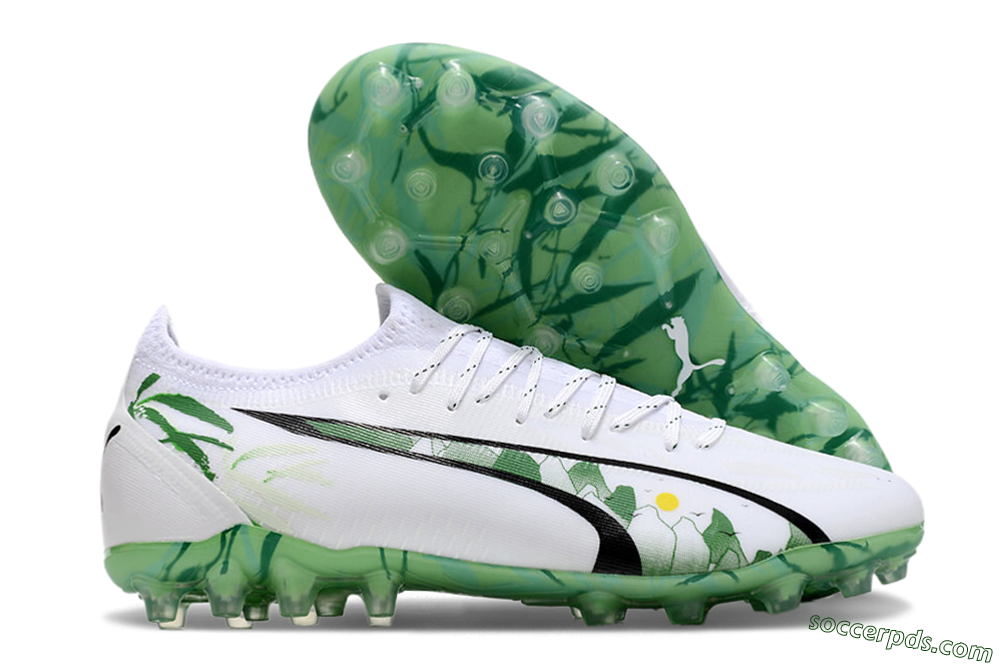 Puma Ultra Ultimate MG Low-Tops Football Boots - White/Black/Green 1