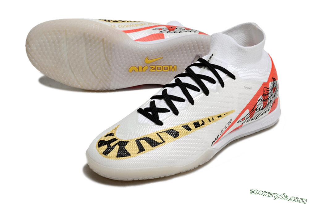 Nike Air Zoom Mercurial Superfly 9 Elite IC High-Tops Football Shoes - White/Gold/Red 3