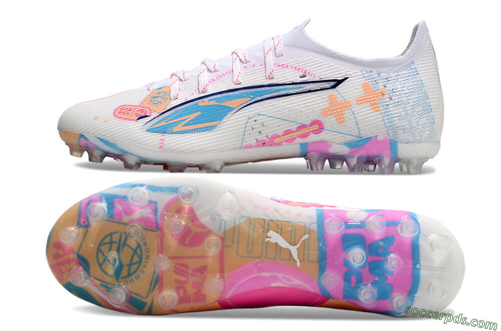 Puma Ultra 5 Ultimate MG Low-Tops Football Boots - White/Blue/Pink 7