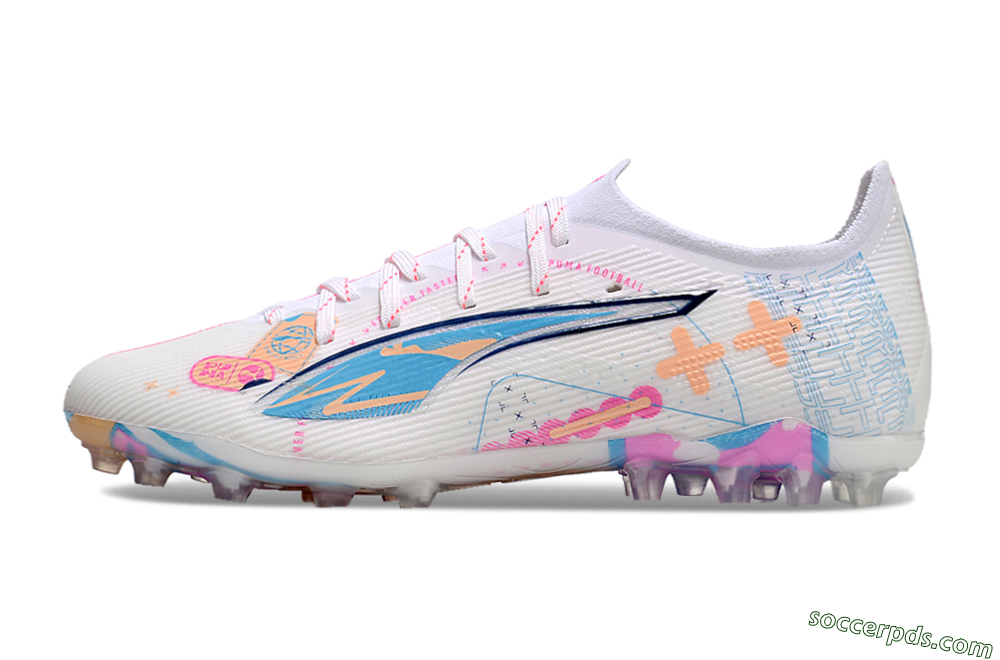 Puma Ultra 5 Ultimate MG Low-Tops Football Boots - White/Blue/Pink 1