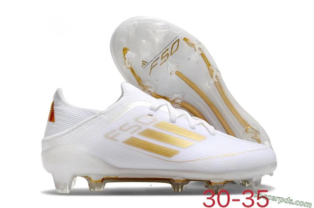 Kids Adidas F50 Elite FG Low-Tops Football Boots - White/Gold/Red 1