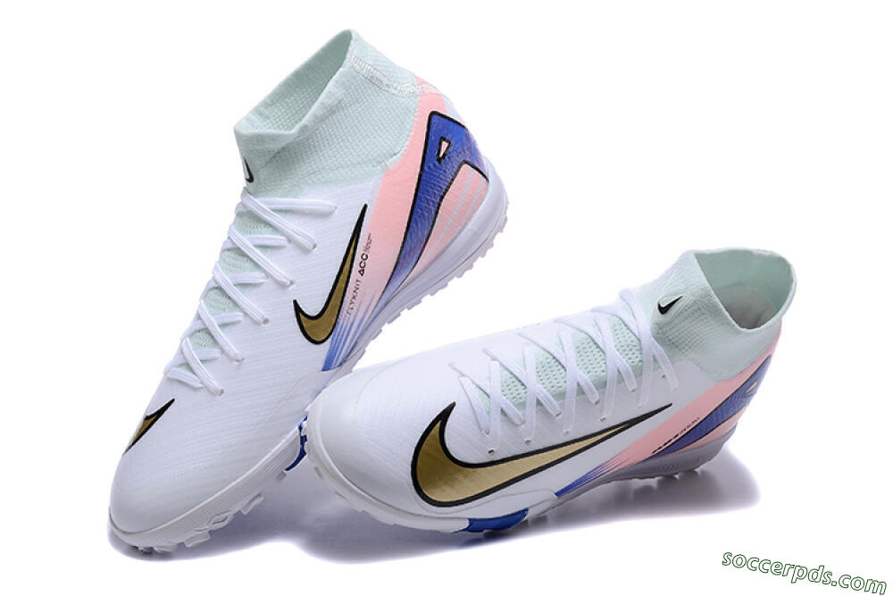 Nike Air Zoom Mercurial Superfly 10 Elite TF High-Tops Football Shoes - White/Gold/Blue/Pink 3
