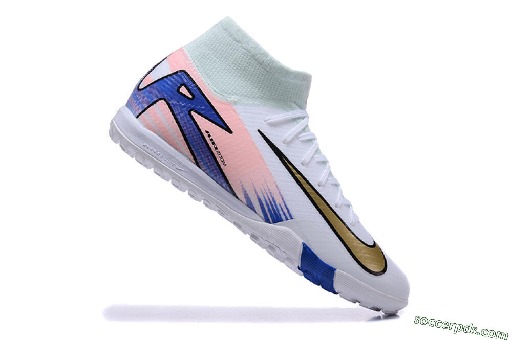 Nike Air Zoom Mercurial Superfly 10 Elite TF High-Tops Football Shoes - White/Gold/Blue/Pink 4