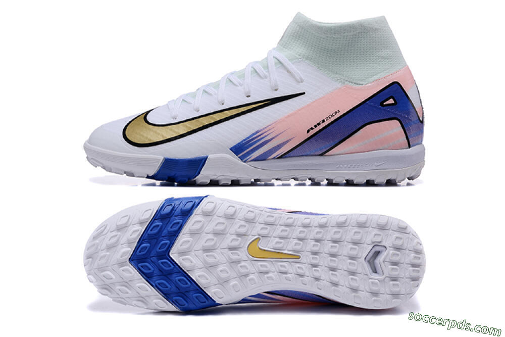 Nike Air Zoom Mercurial Superfly 10 Elite TF High-Tops Football Shoes - White/Gold/Blue/Pink 0