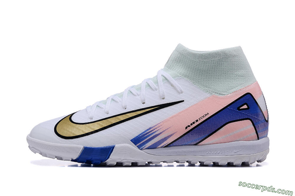 Nike Air Zoom Mercurial Superfly 10 Elite TF High-Tops Football Shoes - White/Gold/Blue/Pink 2