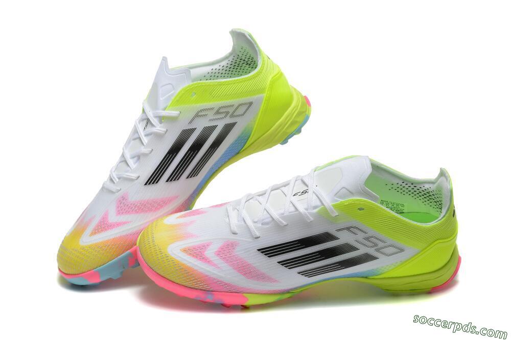 Adidas F50 Pro TF Low-Tops Football Shoes - White/Pink/Black/Yellow 3