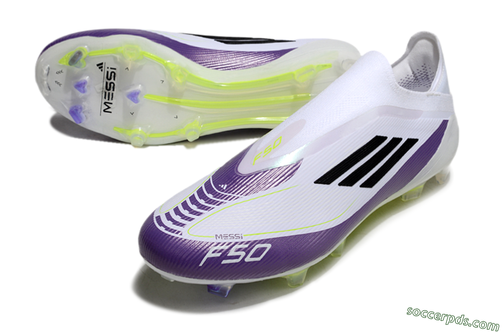 Messi x Adidas F50 Elite Laceless FG Low-Tops Football Boots - White/Black/Purple 3