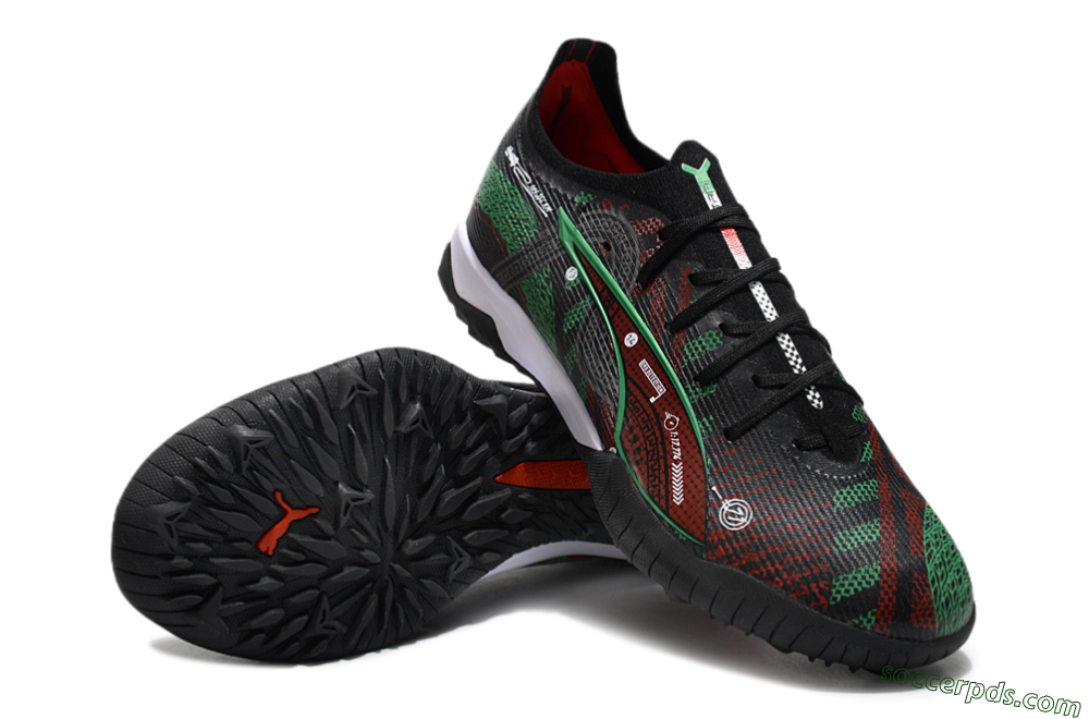 Puma Ultra Ultimate TF Low-Tops Football Shoes - Black/Red/Green 3