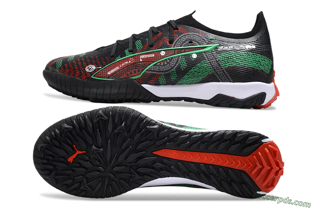 Puma Ultra Ultimate TF Low-Tops Football Shoes - Black/Red/Green 0