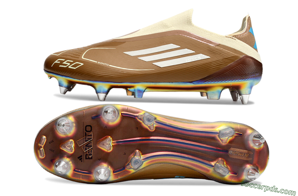 Messi x Adidas F50 Elite Laceless Benito SG Low-Tops Football Boots - Brown/White/Blue 0