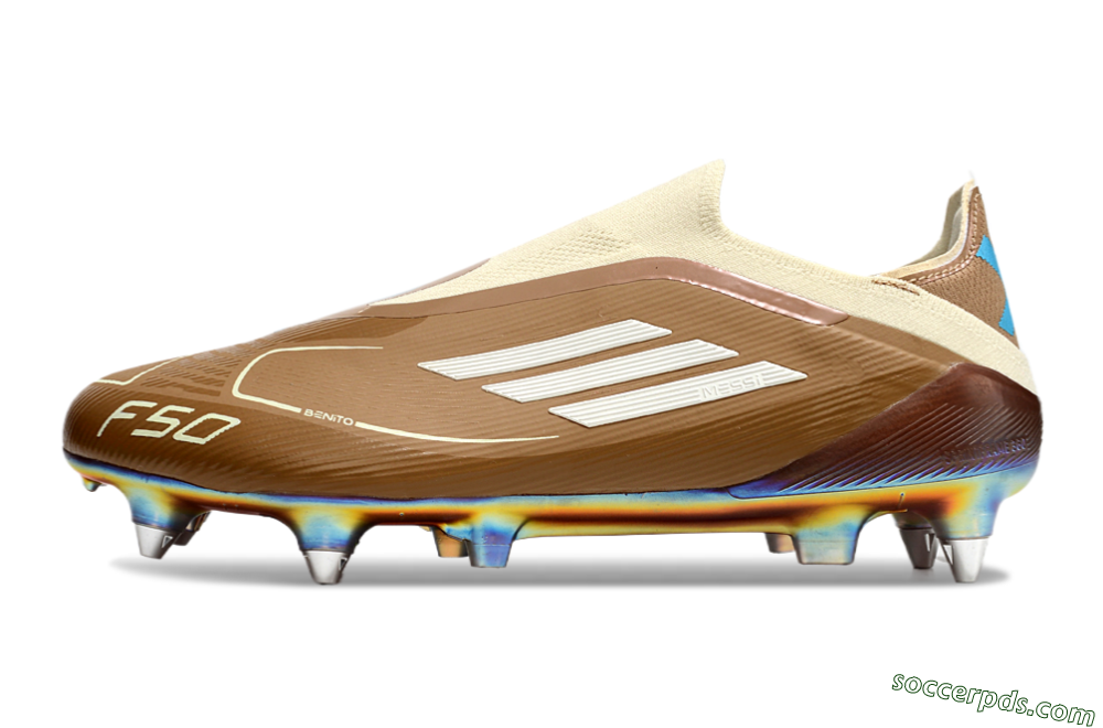 Messi x Adidas F50 Elite Laceless Benito SG Low-Tops Football Boots - Brown/White/Blue 2