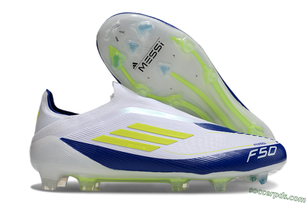 Messi x Adidas F50 Elite Laceless FG Low-Tops Football Boots - White/Blue/Yellow 1
