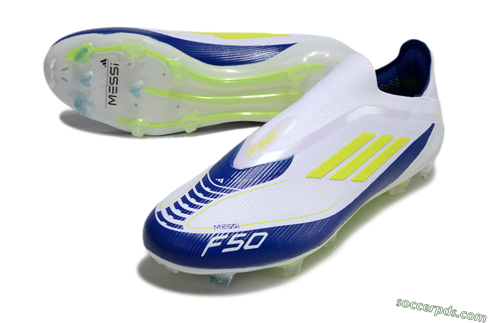 Messi x Adidas F50 Elite Laceless FG Low-Tops Football Boots - White/Blue/Yellow 3
