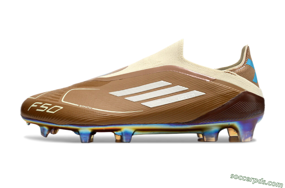 Messi x Adidas F50 Elite Laceless Benito FG Low-Tops Football Boots - Brown/White/Blue 2