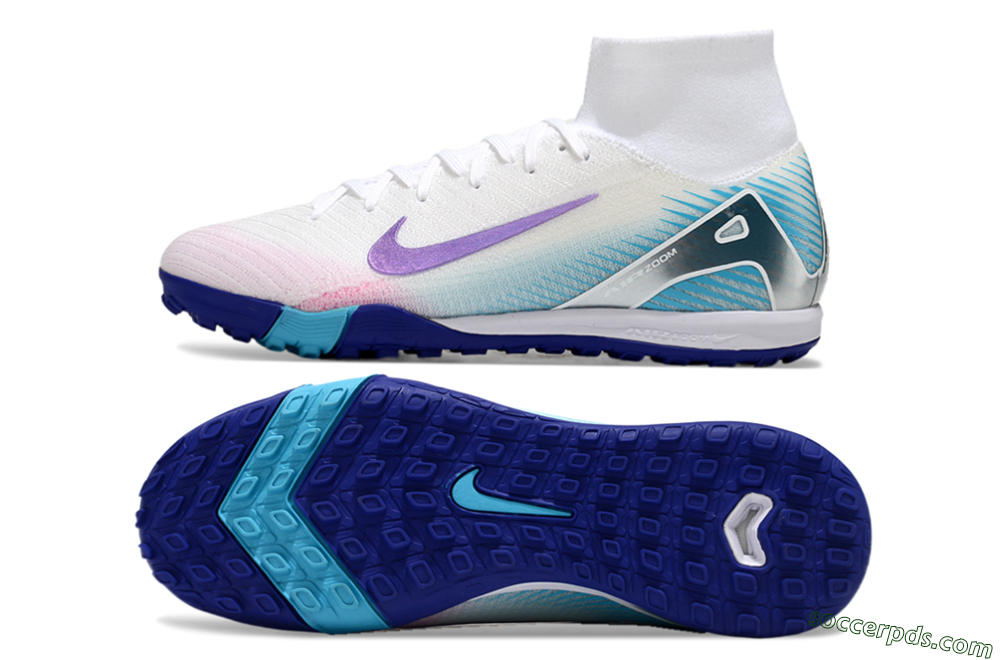 Nike Air Zoom Mercurial Superfly 10 Elite TF High-Tops Football Shoes - White/Purple/Blue 0
