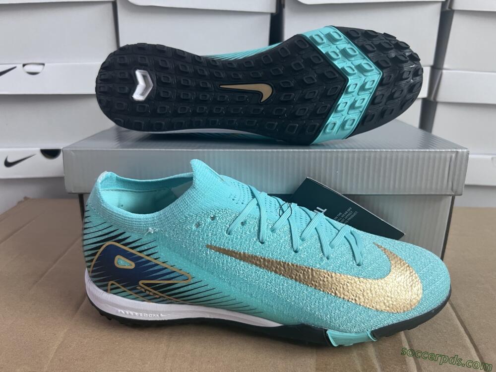 Nike Air Zoom Mercurial Vapor 16 Elite TF Low-Tops Football Shoes - Jade/Gold/Blue