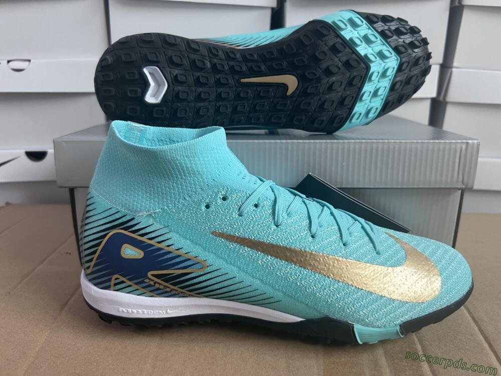 Nike Air Zoom Mercurial Superfly 10 Elite TF High-Tops Football Shoes - Jade/Gold/Blue