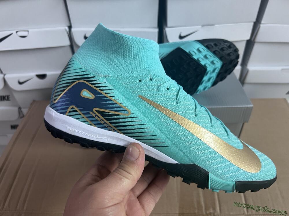 Nike Air Zoom Mercurial Superfly 10 Elite TF High-Tops Football Shoes - Jade/Gold/Blue