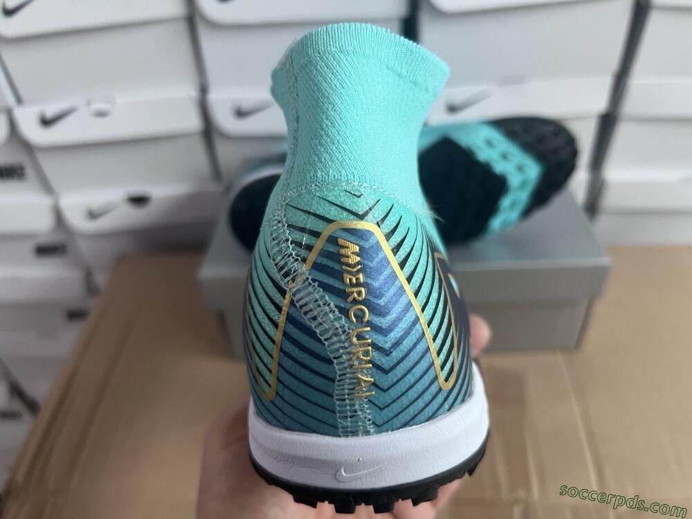 Nike Air Zoom Mercurial Superfly 10 Elite TF High-Tops Football Shoes - Jade/Gold/Blue