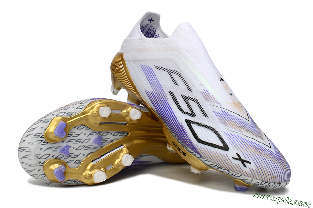Adidas F50+ Elite Lightstrike Pro Laceless FG Low-Tops Football Boots - White/Purple/Gold 3