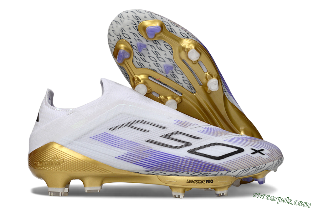 Adidas F50+ Elite Lightstrike Pro Laceless FG Low-Tops Football Boots - White/Purple/Gold 1