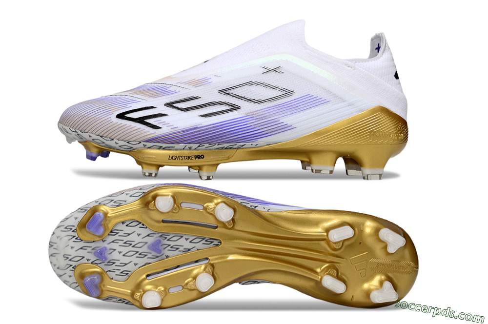 Adidas F50+ Elite Lightstrike Pro Laceless FG Low-Tops Football Boots - White/Purple/Gold 0