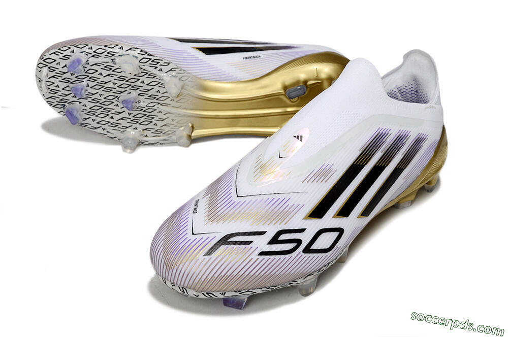 Adidas F50 Elite Laceless FG Low-Tops Football Boots - White/Black/Purple/Gold 3
