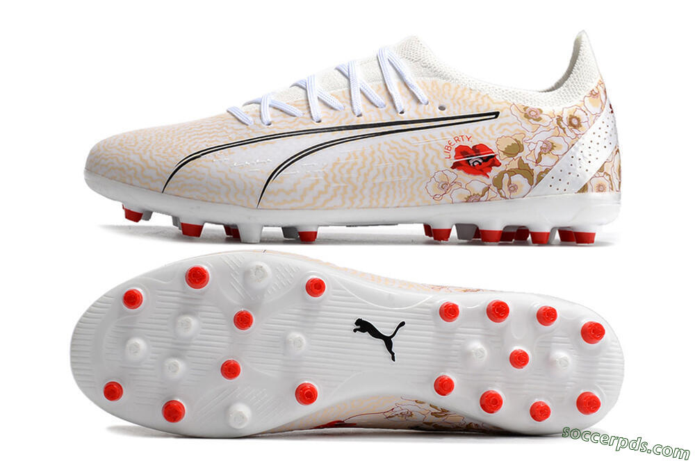 Puma Ultra Ultimate MG Low-Tops Football Boots - White/Gold/Red 0