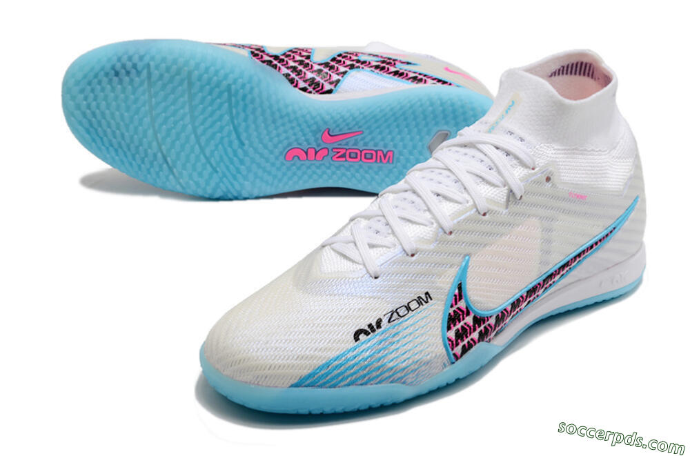 Nike Air Zoom Mercurial Superfly 9 Elite IC High-Tops Football Shoes - White/Blue/Pink 3