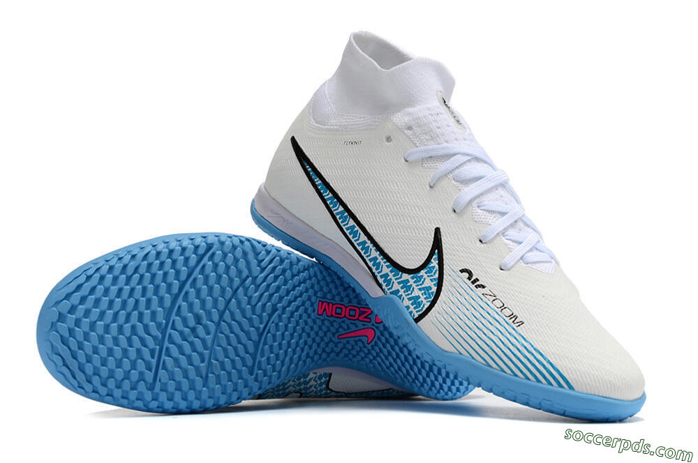Nike Air Zoom Mercurial Superfly 9 Elite IC High-Tops Football Shoes - White/Blue/Black 3