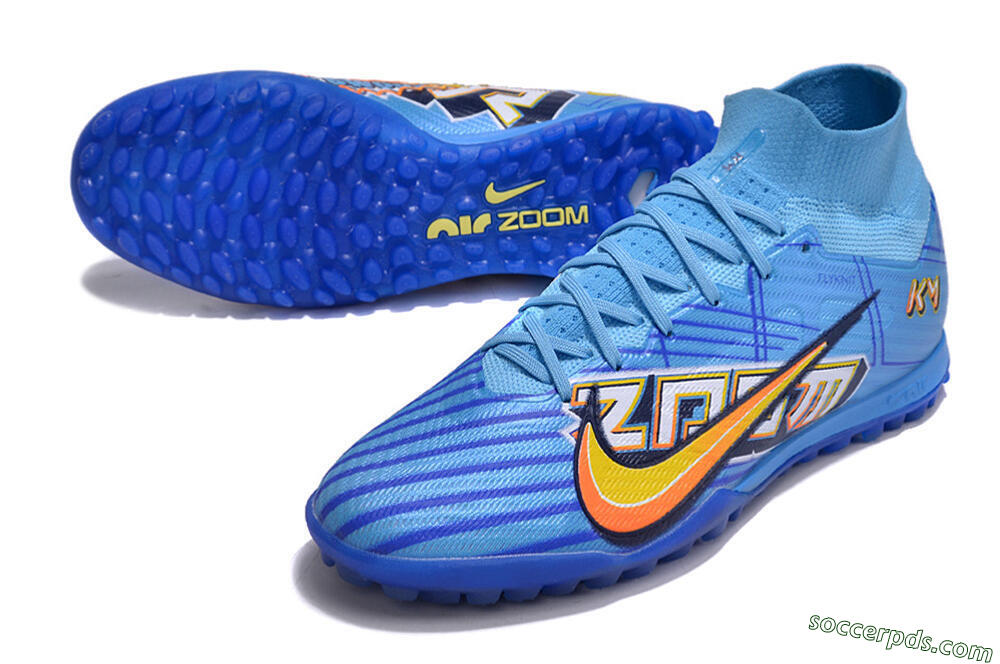 Kylian Mbappe x Nike Air Zoom Mercurial Superfly 9 Elite TF High-Tops Football Shoes - Blue/Yellow/Black 3