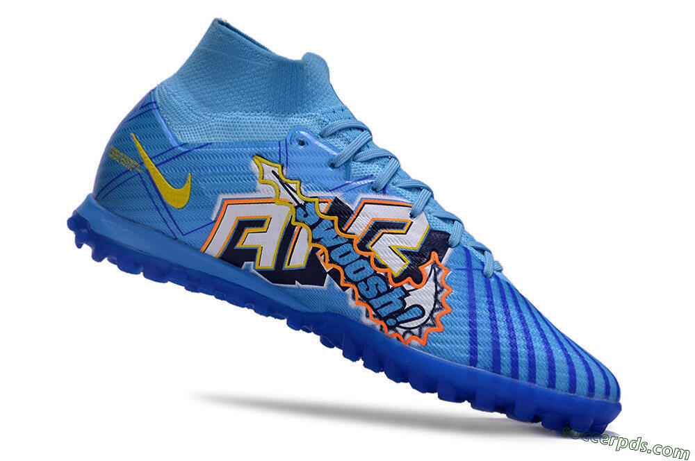 Kylian Mbappe x Nike Air Zoom Mercurial Superfly 9 Elite TF High-Tops Football Shoes - Blue/Yellow/Black 4
