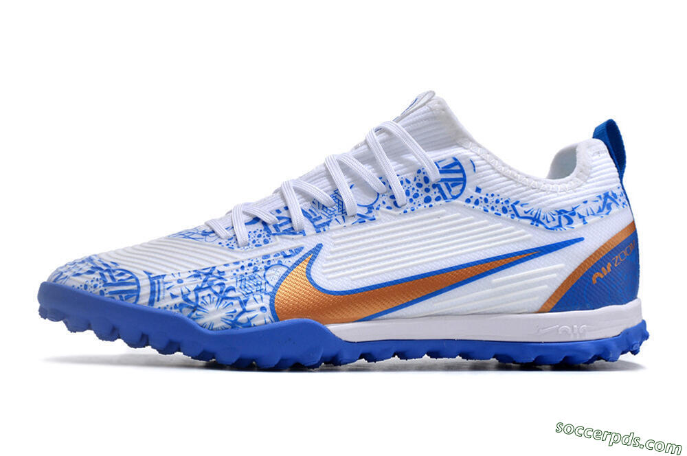 Nike Air Zoom Mercurial Vapor 15 Pro TF Low-Tops Football Shoes - White/Blue/Gold 2