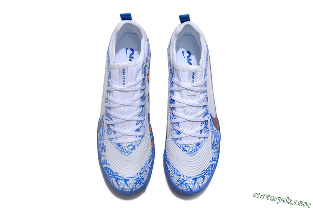 Nike Air Zoom Mercurial Vapor 15 Pro TF Low-Tops Football Shoes - White/Blue/Gold 4