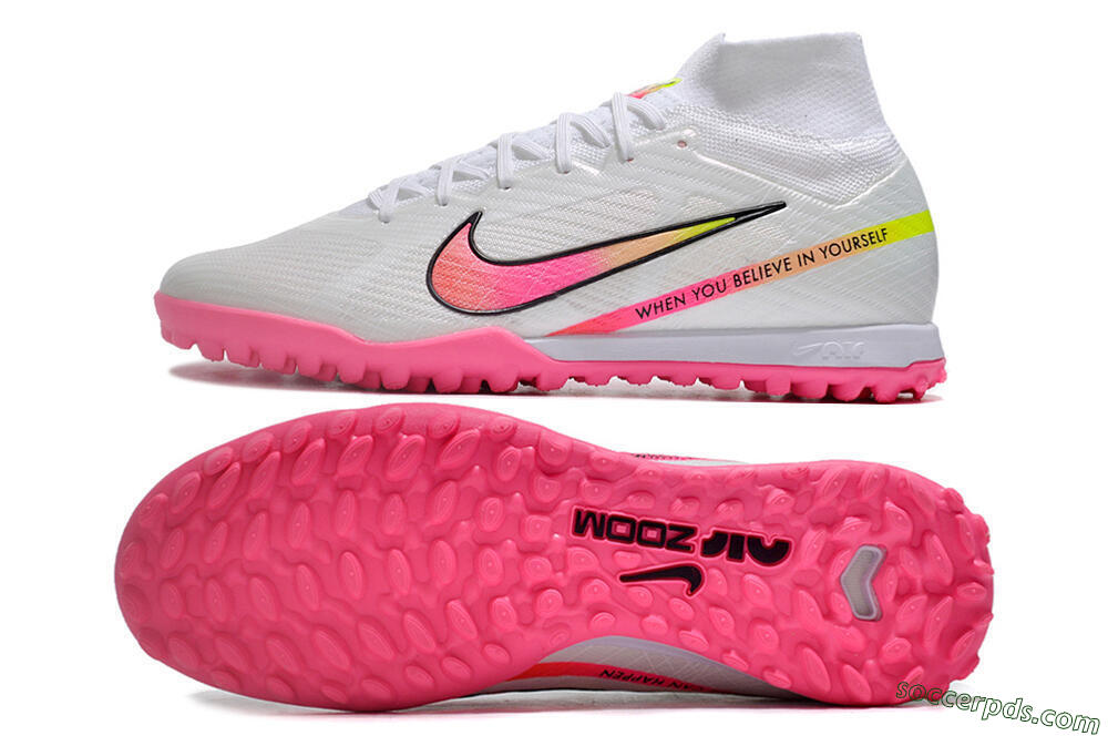 Nike Air Zoom Mercurial Superfly 9 Elite TF High-Tops Football Shoes - White/Pink/Black/Green 0