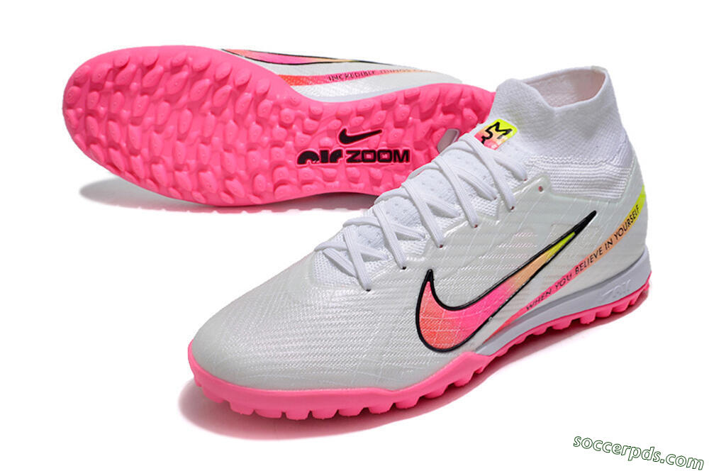 Nike Air Zoom Mercurial Superfly 9 Elite TF High-Tops Football Shoes - White/Pink/Black/Green 3