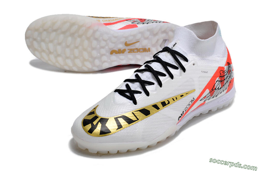 Nike Air Zoom Mercurial Superfly 9 Elite TF High-Tops Football Shoes - White/Red/Gold 3