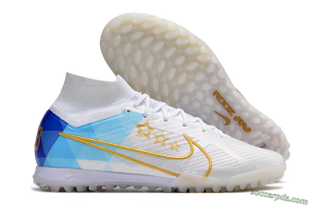 Nike Air Zoom Mercurial Superfly 9 Elite TF High-Tops Football Shoes - White/Gold/Blue 1