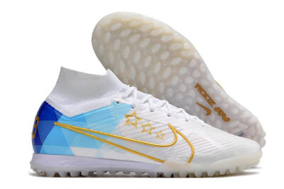Nike Air Zoom Mercurial Superfly 9 Elite TF High-Tops Football Shoes - White/Gold/Blue