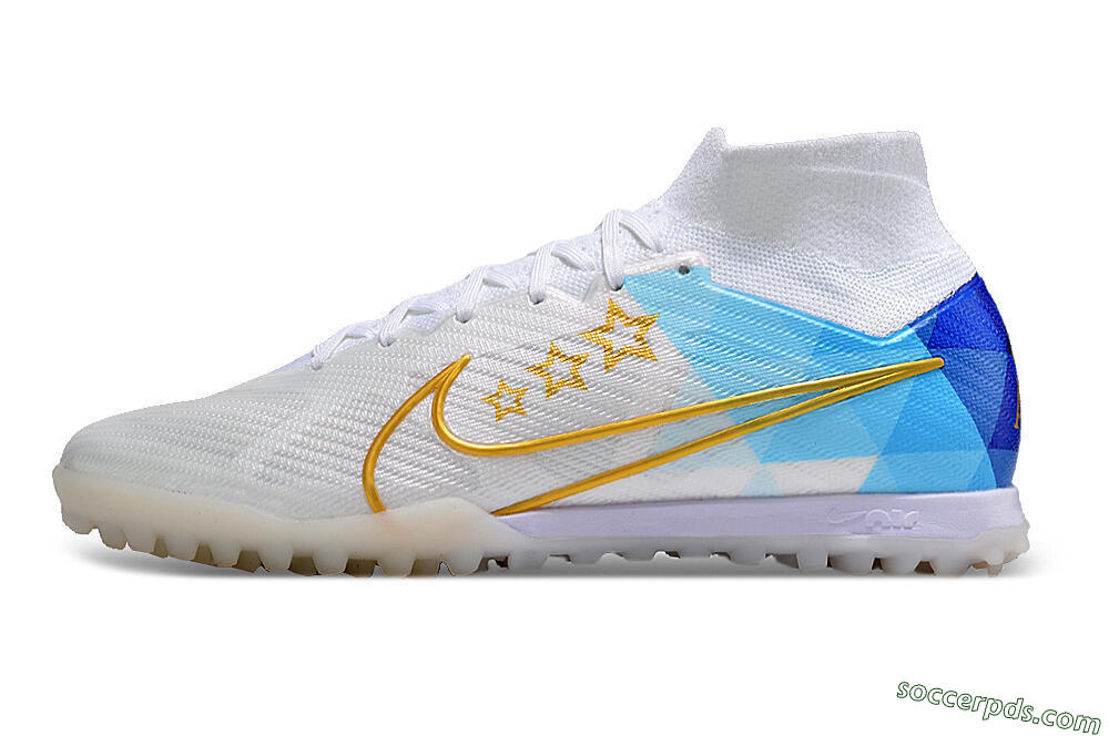 Nike Air Zoom Mercurial Superfly 9 Elite TF High-Tops Football Shoes - White/Gold/Blue 2